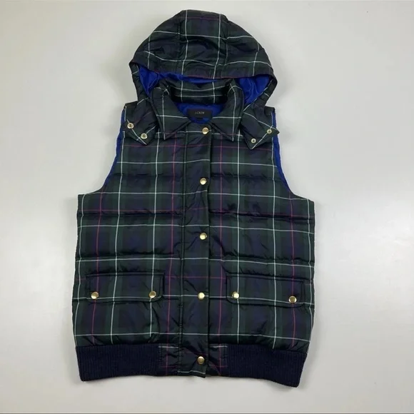 J Crew tartan puffer vest with detachable Hood - Picture 3 of 8